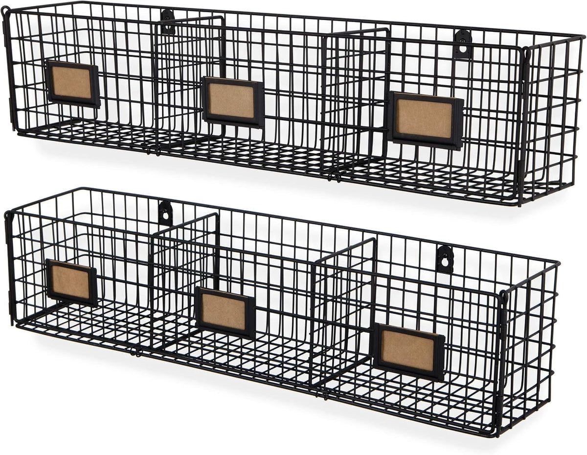 Amalfi Hanging File Folders Office Desk Organizer Wall Mount Wire Basket Storage Magazine Holder 3 Sectional Set of 2 Black