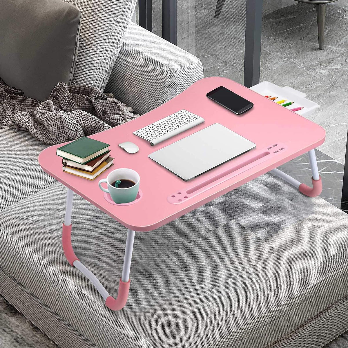Slendor Bed Desk for Laptop and Writing with Storage, Cup Holder, Light