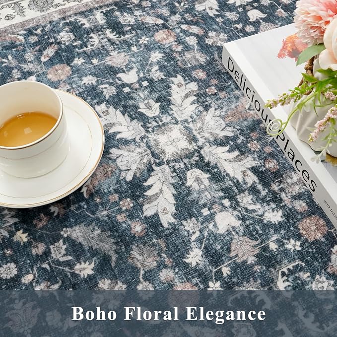 2x8ft Washable Non Slip Kitchen Rugs – Boho Floral Stain-Resistant Low-Pile
