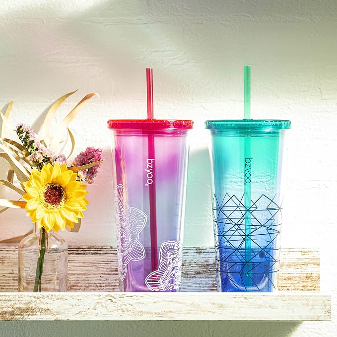 bzyoo 24oz Plastic Tumbler Cup, Lid & Straw, Iced Coffee, Spidy Blue