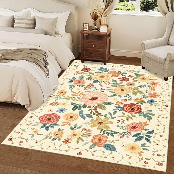 DUKINO 4x6 Area Rug, Lightweight Non Slip Washable Floral Rug, Indoor Low Pile