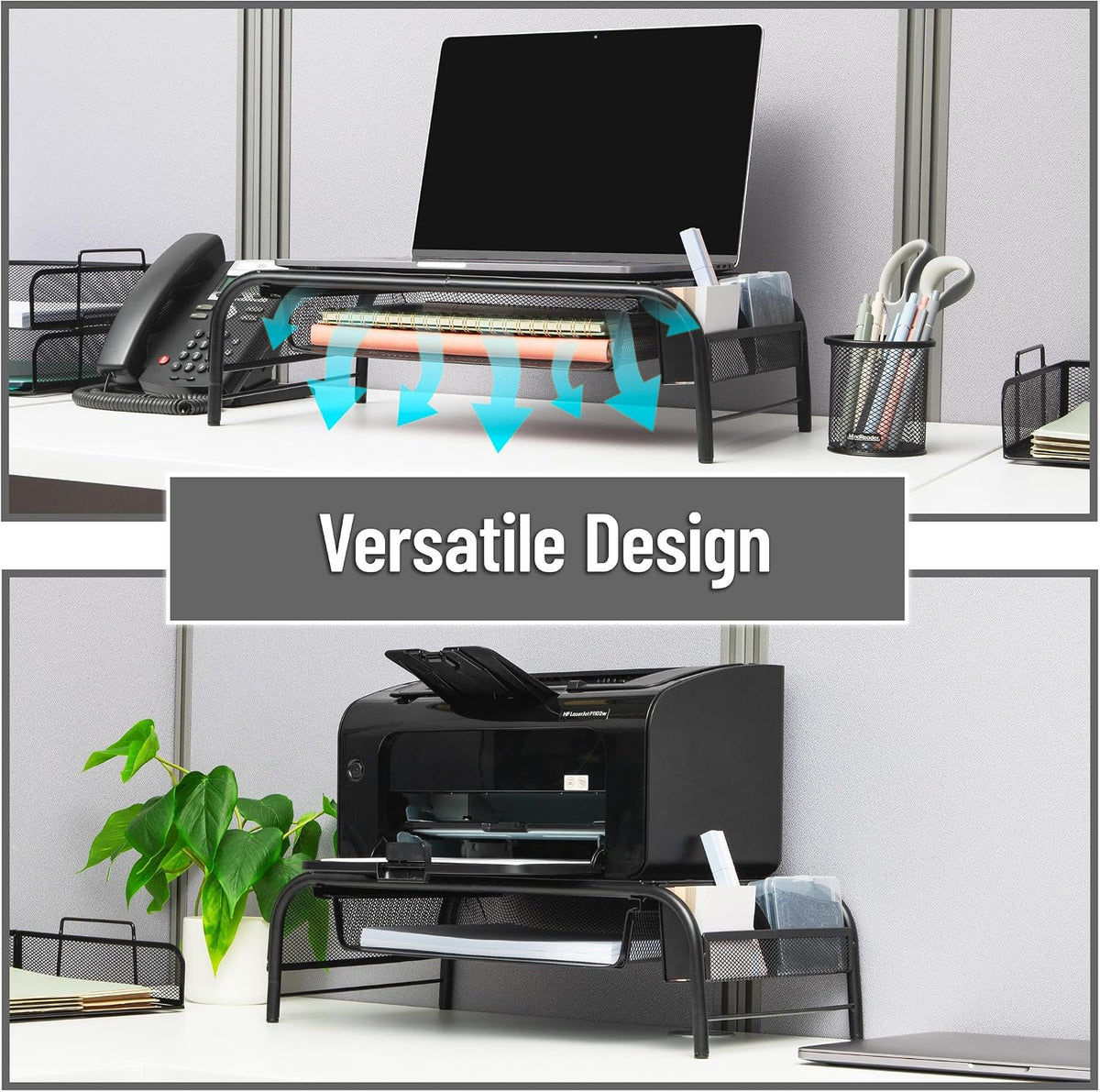 Mind Reader Monitor Stand, Ventilated Laptop Riser, Paper Tray, Office, Metal Mesh, Set of 2, Black