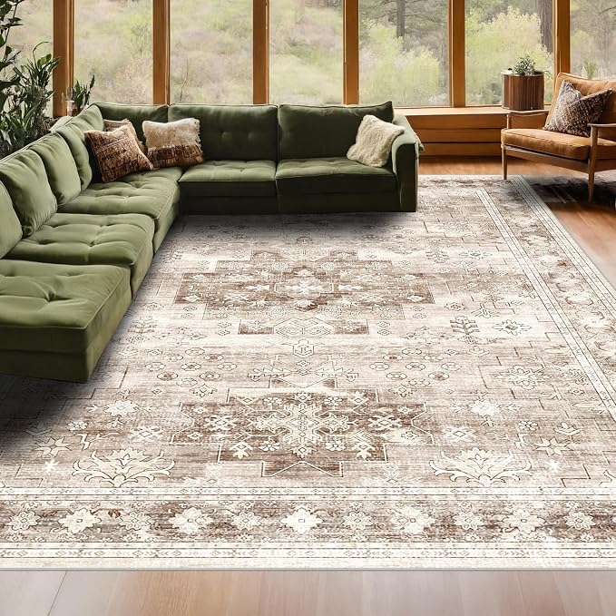 Washable Neutral Farmhouse Living Room Rug, 6x9 Area Rugs