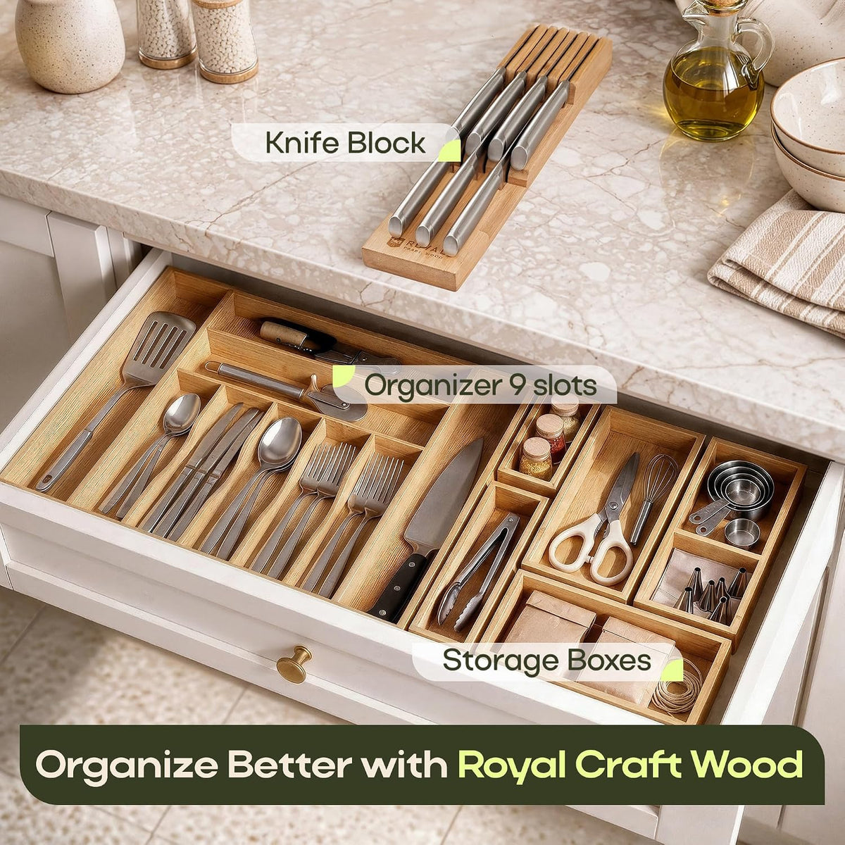 ROYAL CRAFT WOOD Luxury Bamboo Kitchen Drawer Organizer for Kitchen Organization - Silverware Organizer, Utensil Holder & Cutlery Tray Drawer Dividers for Flatware Silverware Storage, 9 Slot, Natural