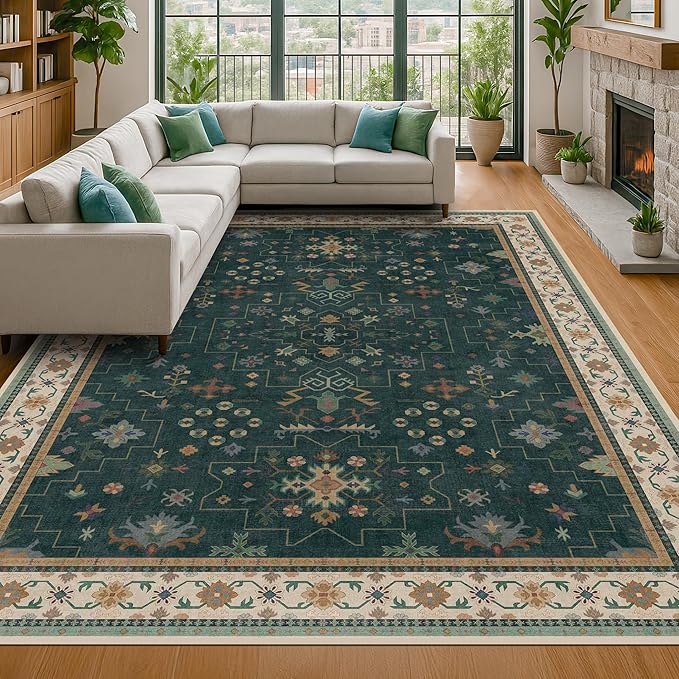 Hazo Haus Dark Green Vintage Living Room Rug 9x12