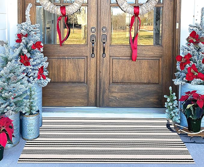 Black and White Striped Outdoor Rug 24'' x 51''Farmhouse Front Porch Rug