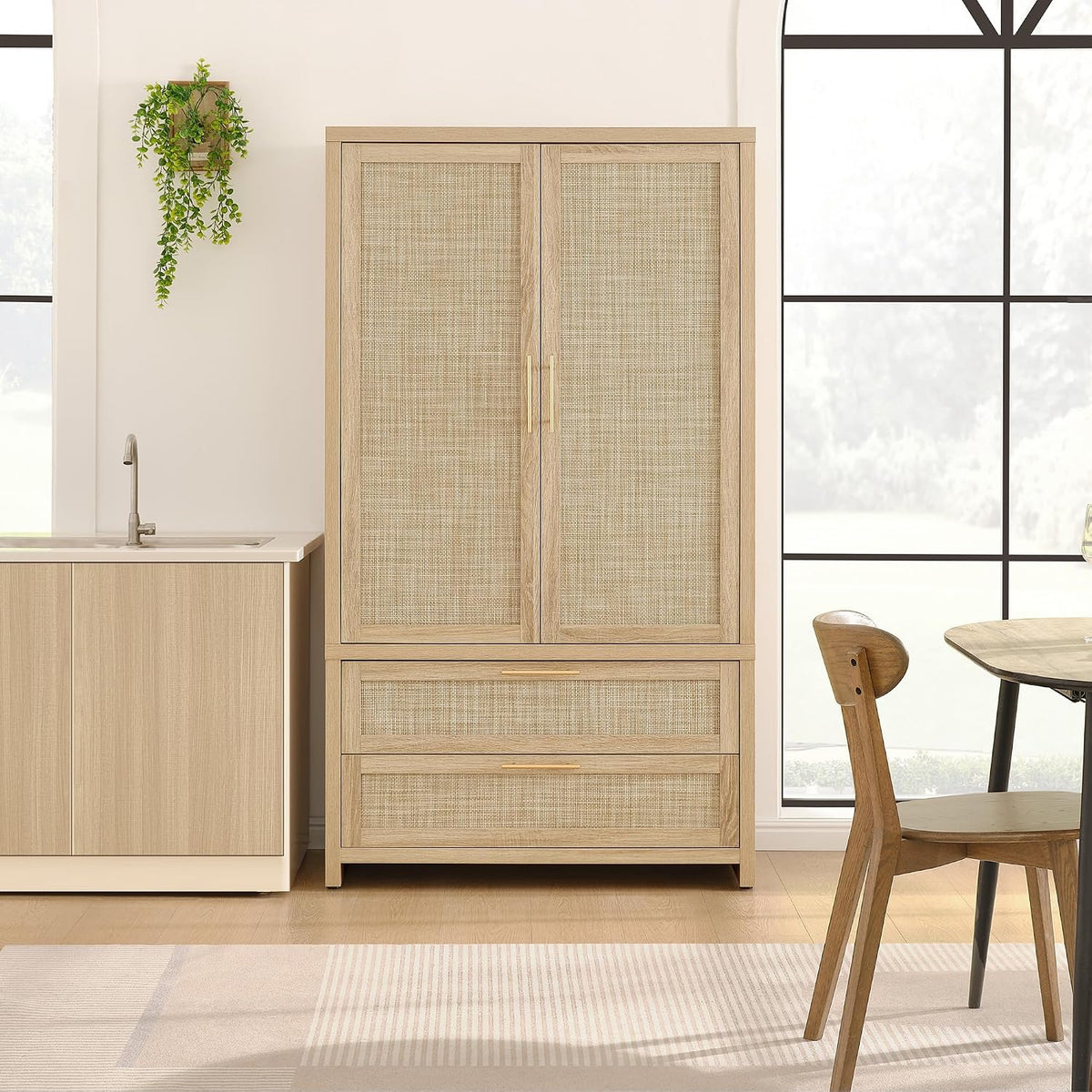 SICOTAS 71 inch Wardrobe Closet, Boho Rattan Armoire Wardrobe with Drawers