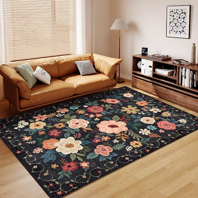 DUKINO 5x8 Area Rug for Living Room, Washable Lightweight Non Slip Floral