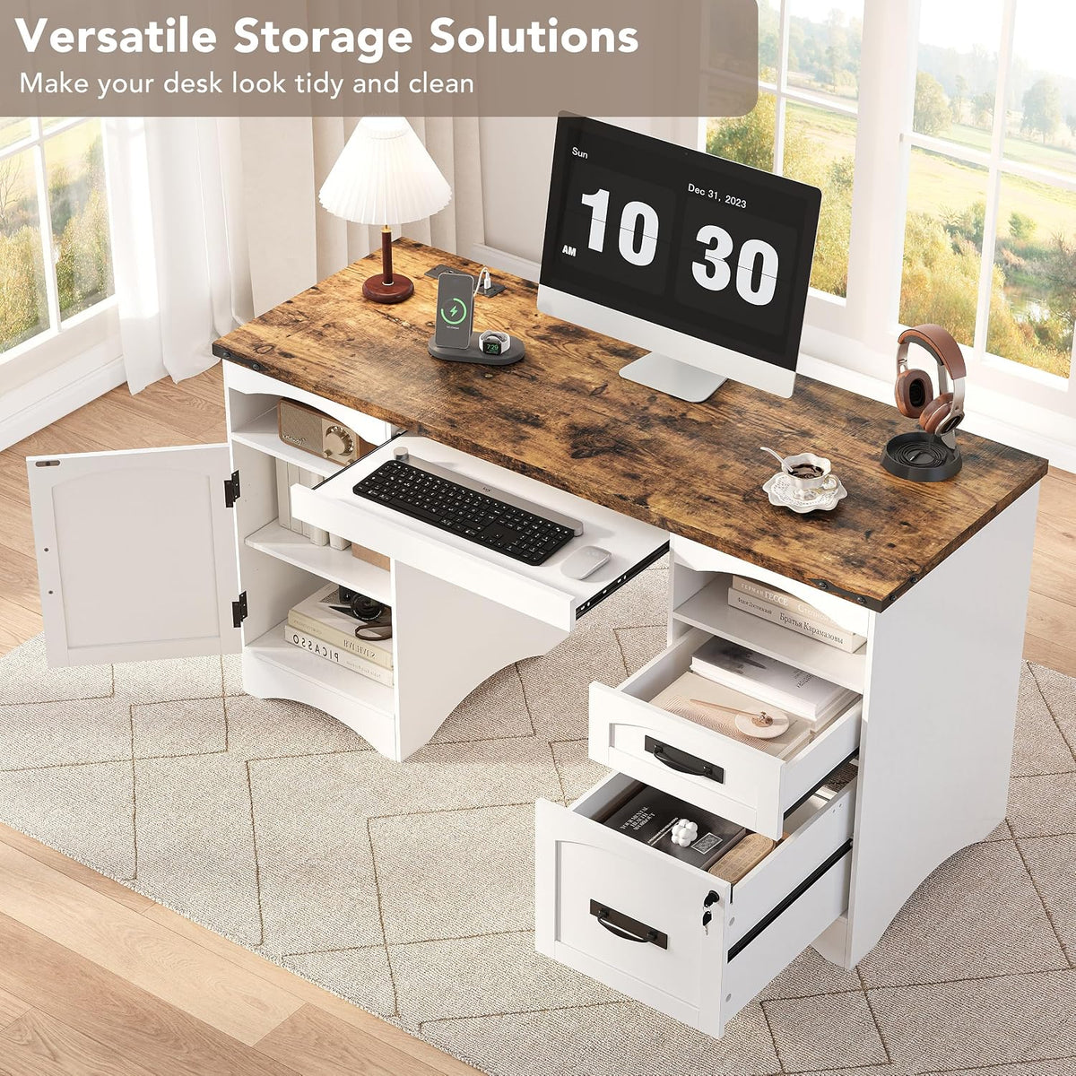 Decofy 55'' Farmhouse Executive Desk with Drawers & Charging Station, White