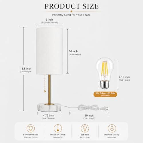 JUNNAI Table Lamps Set of 2, Gold Bedside Lamps, 3 Way Dimmable Nightstand Lamps with Marble Base & Linen Shade &Pull Chain,18.5 Inches Tall Skinny Desk Lamps for Bedroom Living Room(Bulbs Included)