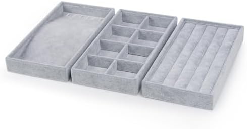 Oirlv Velvet Drawer Jewelry Organizer Tray 4 in 1 Stackable Necklace Ring Jewelry Organizer Trays (Multifunction,14x9.5inch)
