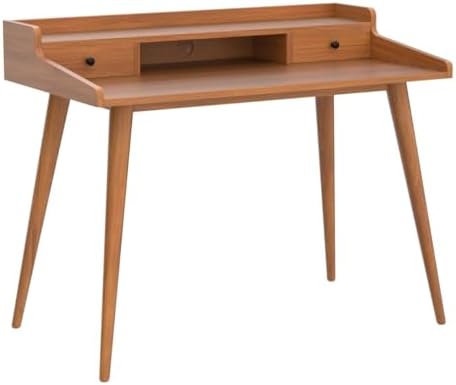 Mid Century Modern Desk, 41" Wood Home Office Writing Computer or Laptop Desk with Monitor Stand Riser and Open Storage Cubby, Vanity Desk with 2 Drawers