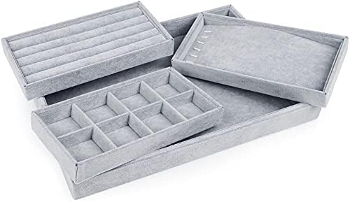 Oirlv Velvet Drawer Jewelry Organizer Tray 4 in 1 Stackable Necklace Ring Jewelry Organizer Trays (Multifunction,14x9.5inch)