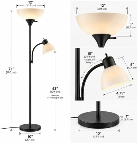 LIGHTACCENTS Floor Lamp with Side Reading Light - 72" Black Mother Daughter Standing Lamp with 3-Way Main Light and Adjustable Gooseneck Arm for Living Room, Bedroom, Office