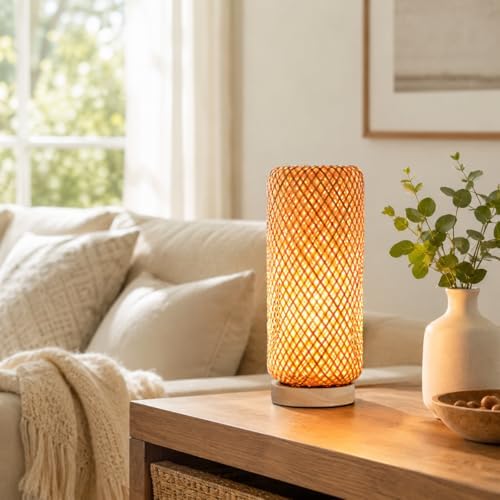 Bamboo Table Lamp，Boho Rattan Bedside Lamp for Bedroom, Vintage Wicker Wooden Nightstand Lamp Shade Rustic Farmhouse Indirect Lighting Accent Light Decor for Living Room