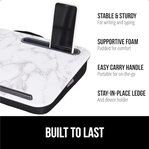GORILLA GRIP Laptop Lap Desk with Phone Holder, Pillow Cushion Desks Fit Laptops up to 15.6", Gifts for Home, Portable Travel Workstation, Tray Ledge Keep Computers in Place, Marble Pattern