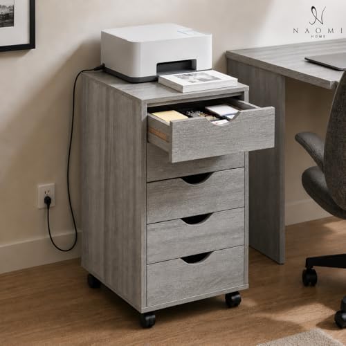 Naomi Home Under Desk Office File Cabinet with 5 Drawers, Rolling Storage Organizer with Lockable Wheels, Handle-Free Design & Spacious Top Surface, Compatible Cabinet for Home Office - Gray Oak