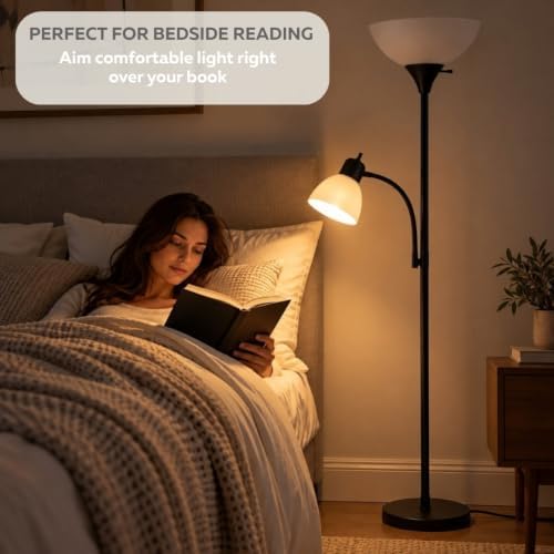 LIGHTACCENTS Floor Lamp with Side Reading Light - 72" Black Mother Daughter Standing Lamp with 3-Way Main Light and Adjustable Gooseneck Arm for Living Room, Bedroom, Office