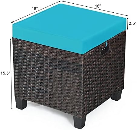 Patio Ottoman Outdoor Rattan Wicker Ottoman Seat, 2 Pieces All Weather Footstool Footrest Seat with Removable Cushions, Outdoor Ottoman Set for Patio, Porch, Poolside (Turquoise)