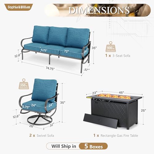 Sophia & William Metal Patio Furniture Set with Firepit Table, Peacock Blue