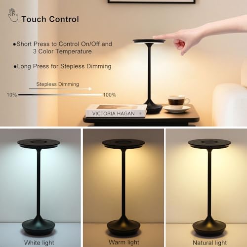 Cordless Rechargeable Table Lamps, Portable 6000mAh Battery Desk Lamp Waterproof 3 Color Stepless Dimming Black LED Table Light for Outdoor/Dinning/Patio/Restaurant (2Pack)