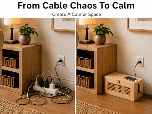 Wooden Cable Management Box - 15 x 6.5 x 6.3 in - Power Strip Organizer