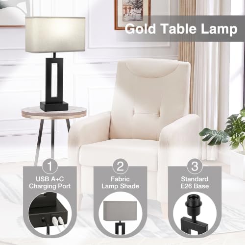Table Lamps Set of 2, 16.4" Bedside Lamps for Nightstand with USB C+A