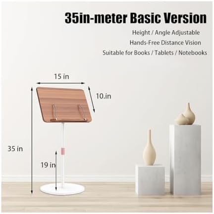 Adjustable Standing Book Stand,Book Reading Stands,Wood Music Sheet，Podium& Bible& Cookbooks Display Stands.Goodbye to Head Down Fatigue Adjustable Viewing Angle (White, 35in)