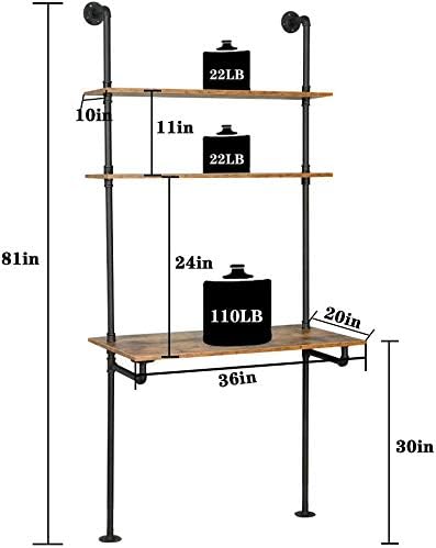 ZIOTHUM Wall Mounted Desk with Shelves, Industrial Ladder Style Floating Desk for Small Spaces, Computer Table with Storage Shelves, Rustic Pipe Bookcase for Bedroom(36x20x81in)