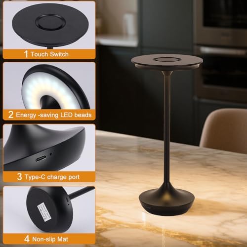 Cordless Rechargeable Table Lamps, Portable 6000mAh Battery Desk Lamp Waterproof 3 Color Stepless Dimming Black LED Table Light for Outdoor/Dinning/Patio/Restaurant (2Pack)