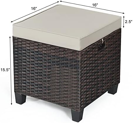 ORALNER Set of 2 Outdoor Ottoman, 16" Wicker Footstools, All-Weather Rattan Cube Foot Stool w/Removable Cushions, Square Footrest Extra Seating for Patio, Porch, Deck, Easy Assembly (Light Brown)