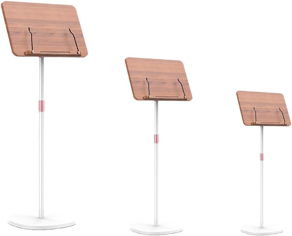 Adjustable Standing Book Stand,Book Reading Stands,Wood Music Sheet，Podium& Bible& Cookbooks Display Stands.Goodbye to Head Down Fatigue Adjustable Viewing Angle (White, 35in)