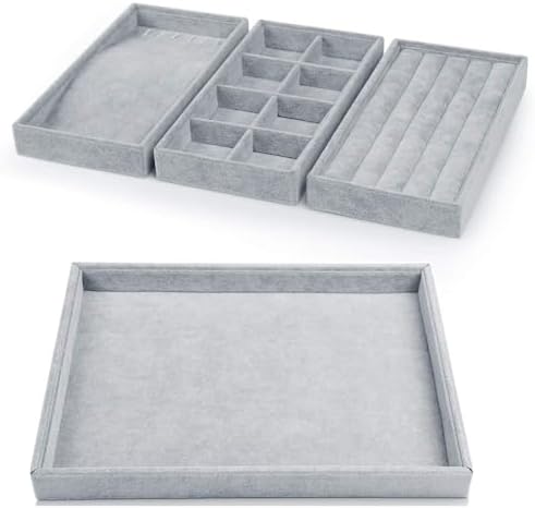 Oirlv Velvet Drawer Jewelry Organizer Tray 4 in 1 Stackable Necklace Ring Jewelry Organizer Trays (Multifunction,14x9.5inch)