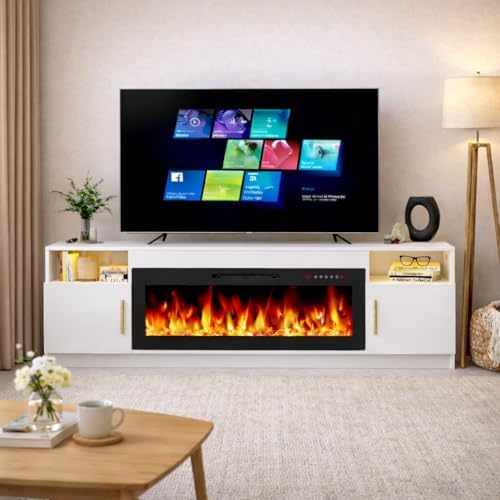 70 Inch TV Stand with 36 Inch Electric Fireplace, Modern White Glossy Doors Entertainment Center for TVs Up to 80", TV Media Console with 20 Color LED Lights and Storage Cabinets for Living Room