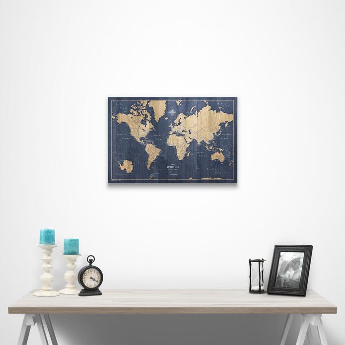 Conquest Maps World Travel Map with Pins Deep-Sea Drift Style Push Pin Travel Map Cork Board, Track Your Travels w/a Handmade Unique Canvas Pinable Map (24" x 16")