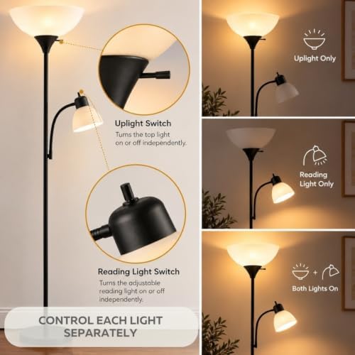 LIGHTACCENTS Floor Lamp with Side Reading Light - 72" Black Mother Daughter Standing Lamp with 3-Way Main Light and Adjustable Gooseneck Arm for Living Room, Bedroom, Office