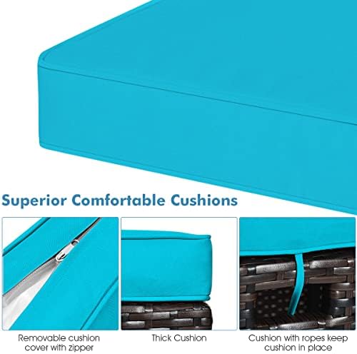Patio Ottoman Outdoor Rattan Wicker Ottoman Seat, 2 Pieces All Weather Footstool Footrest Seat with Removable Cushions, Outdoor Ottoman Set for Patio, Porch, Poolside (Turquoise)
