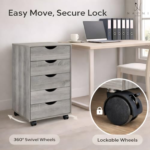 Naomi Home Under Desk Office File Cabinet with 5 Drawers, Rolling Storage Organizer with Lockable Wheels, Handle-Free Design & Spacious Top Surface, Compatible Cabinet for Home Office - Gray Oak