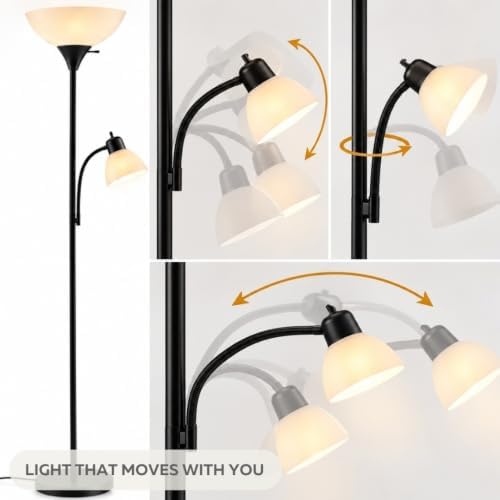 LIGHTACCENTS Floor Lamp with Side Reading Light - 72" Black Mother Daughter Standing Lamp with 3-Way Main Light and Adjustable Gooseneck Arm for Living Room, Bedroom, Office
