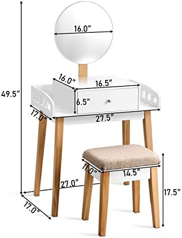 GIANTEX Vanity Table Set with Height Adjustable Round Mirror, Makeup Mirrored Dressing Table with Cushioned Stool, Side Storage and Large Drawer, Gift Vanities for Women Girls Bedroom (White)