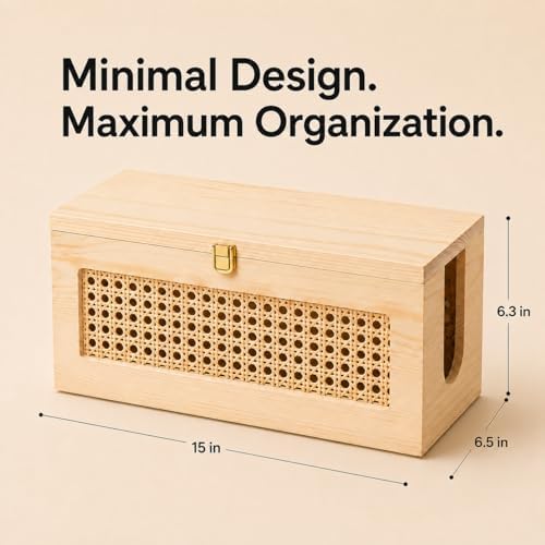 Wooden Cable Management Box - 15 x 6.5 x 6.3 in - Power Strip Organizer