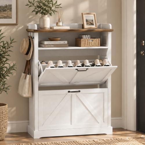 Farmhouse 31.5" Shoe Cabinet with 2 Flip Drawers & Open Storage, White