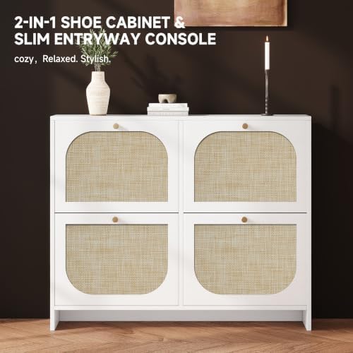 Nicetree Freestanding Ultra Slim Arched Rattan Accent Shoe Storage Cabinet for Entryway - 4 Flip Drawers & 3-Tier Adjustable Shelves, Farmhouse Modern Rustic Shoe Rack for Hallway Foyer,Cloud White