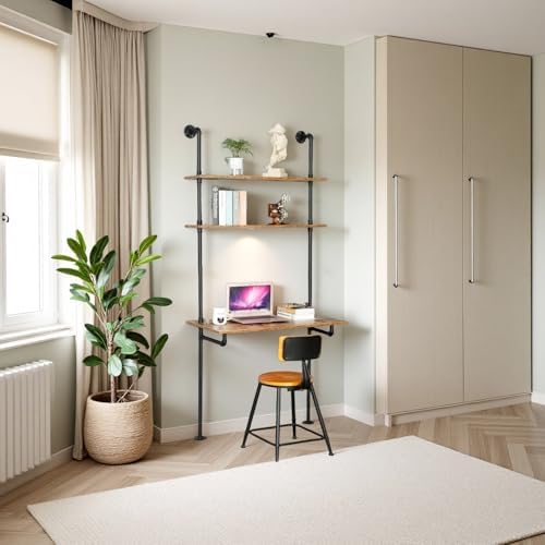ZIOTHUM Wall Mounted Desk with Shelves, Industrial Ladder Style Floating Desk for Small Spaces, Computer Table with Storage Shelves, Rustic Pipe Bookcase for Bedroom(36x20x81in)