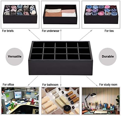 GOBAM Bamboo Closet Drawer Organizer, 15 Compartments - Drawer Divider & Storage Box for Ties, Bras, Briefs, Socks & Jewelry - Storage Organizer for Dressing Room & Bedroom - Black
