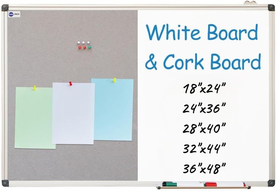 White Board and Cork Board Combo - 36 x 24 Inches Large Dry Erase Whiteboard and Bulletin Board, Magnetic Wall Pin Display Board for Home, Classroom & Office, 24"x36" Grey