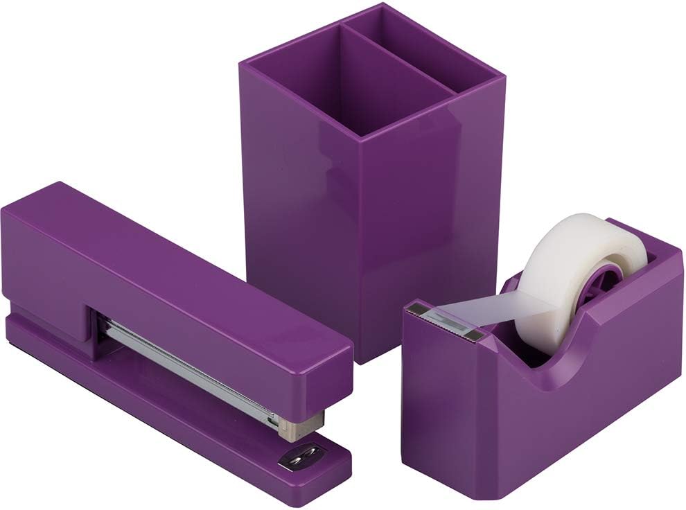 JAM PAPER Desk Trio Pack - Purple - Stapler, Tape Dispenser & Pen Holder - 3/Pack