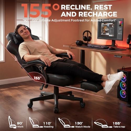 GTPLAYER Gaming Chair with Footrest, 350LBS Big and Tall Office Chair, Ergonomic High Back Lumbar Support and Recliner for Back Pain Relief, Black