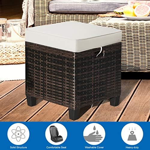 ORALNER Set of 2 Outdoor Ottoman, 16" Wicker Footstools, All-Weather Rattan Cube Foot Stool w/Removable Cushions, Square Footrest Extra Seating for Patio, Porch, Deck, Easy Assembly (Light Brown)