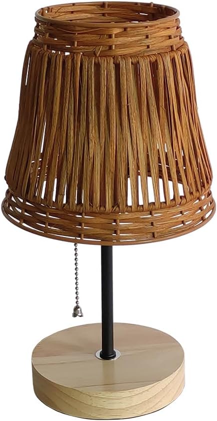 Handmade Boho Rattan Bedroom Small Table Lamp,with Brown Rattan Lamp Shade (Brown) with Pull Chain Lamp Holder,E26 Bulb Included